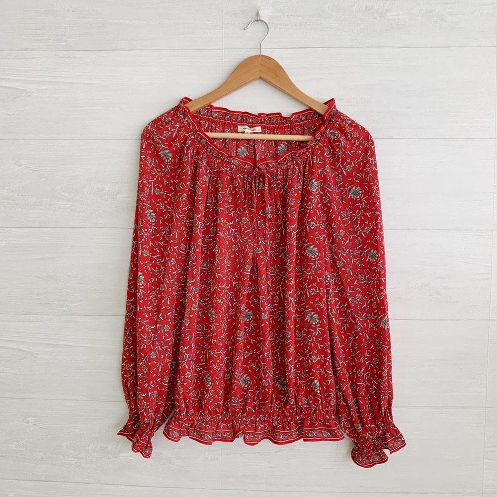Max Studio Red Ruffle 3/4 Sleeve Boho Blouse Ditsy Floral - Size 1X
